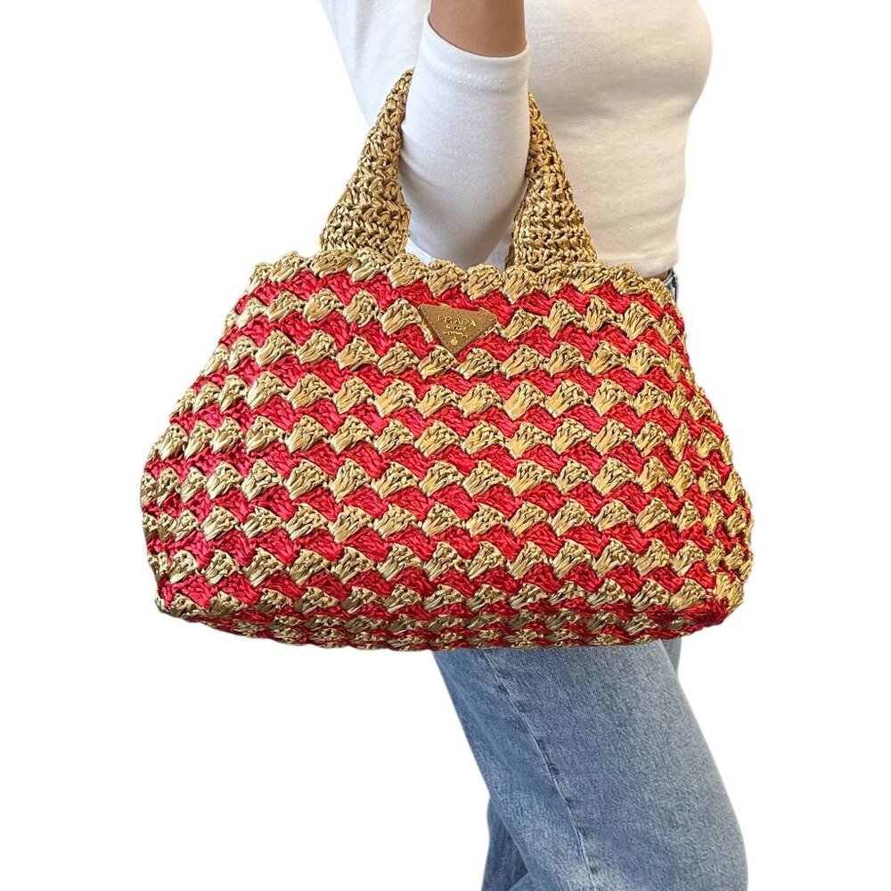 PRADA Vintage Triangle Logo Raffia Canapa Tote Bag Red Beige Gold [106265]